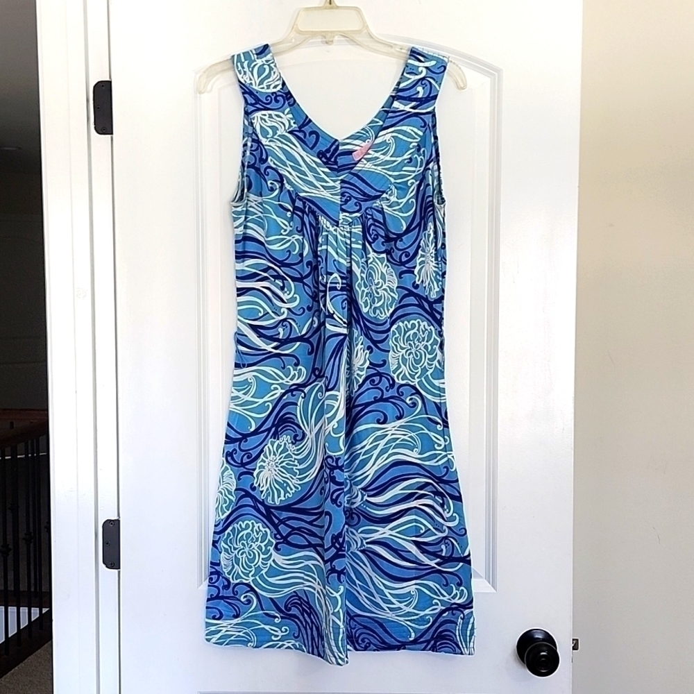 Lilly Pulitzer Vintage Silk Skyla Print in Blue Vneck Dress Size Small